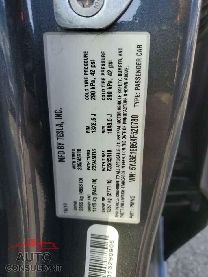 TESLA MODEL 3 2019 - 5YJ3E1EB5KF520780