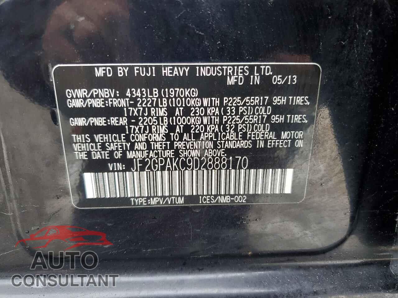SUBARU XV 2013 - JF2GPAKC9D2888170