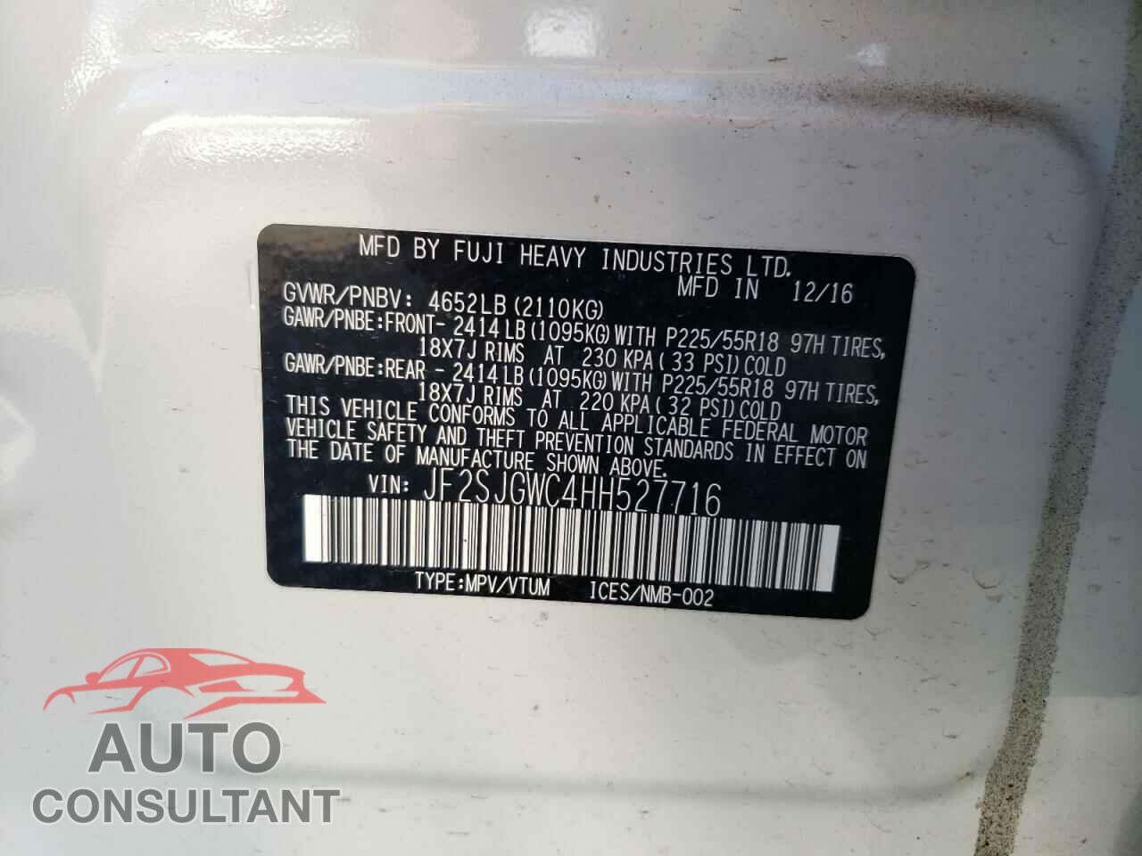 SUBARU FORESTER 2017 - JF2SJGWC4HH527716