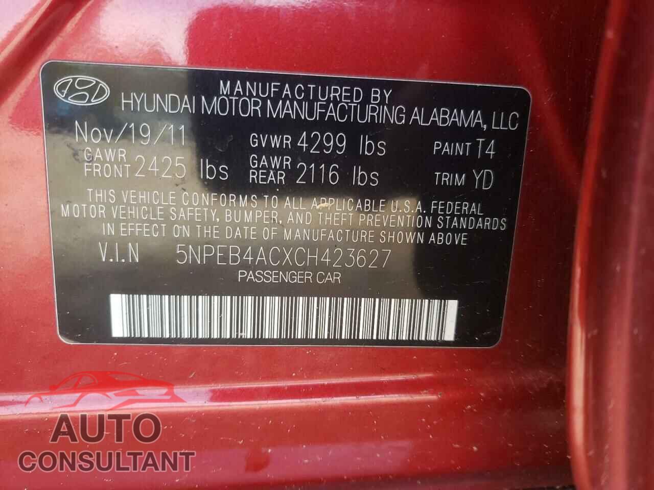 HYUNDAI SONATA 2012 - 5NPEB4ACXCH423627