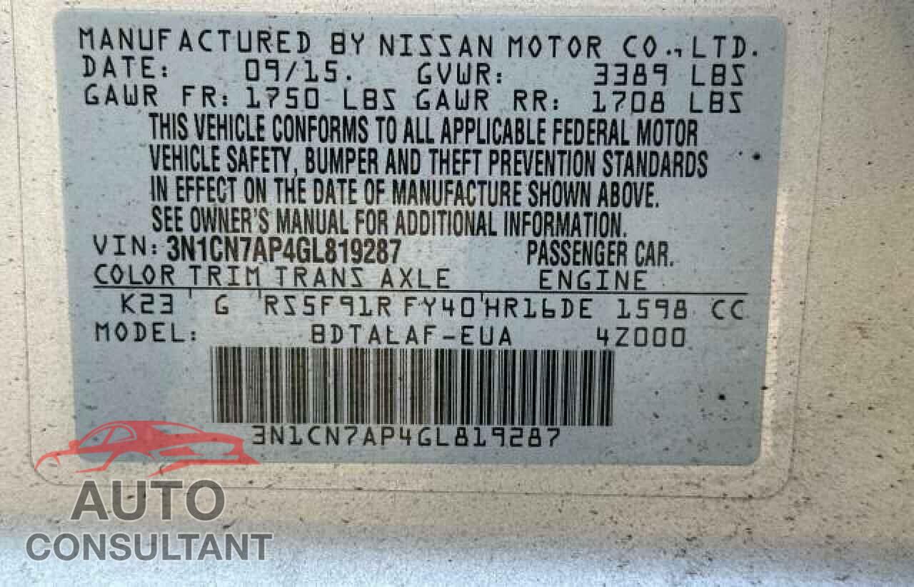 NISSAN VERSA 2016 - 3N1CN7AP4GL819287