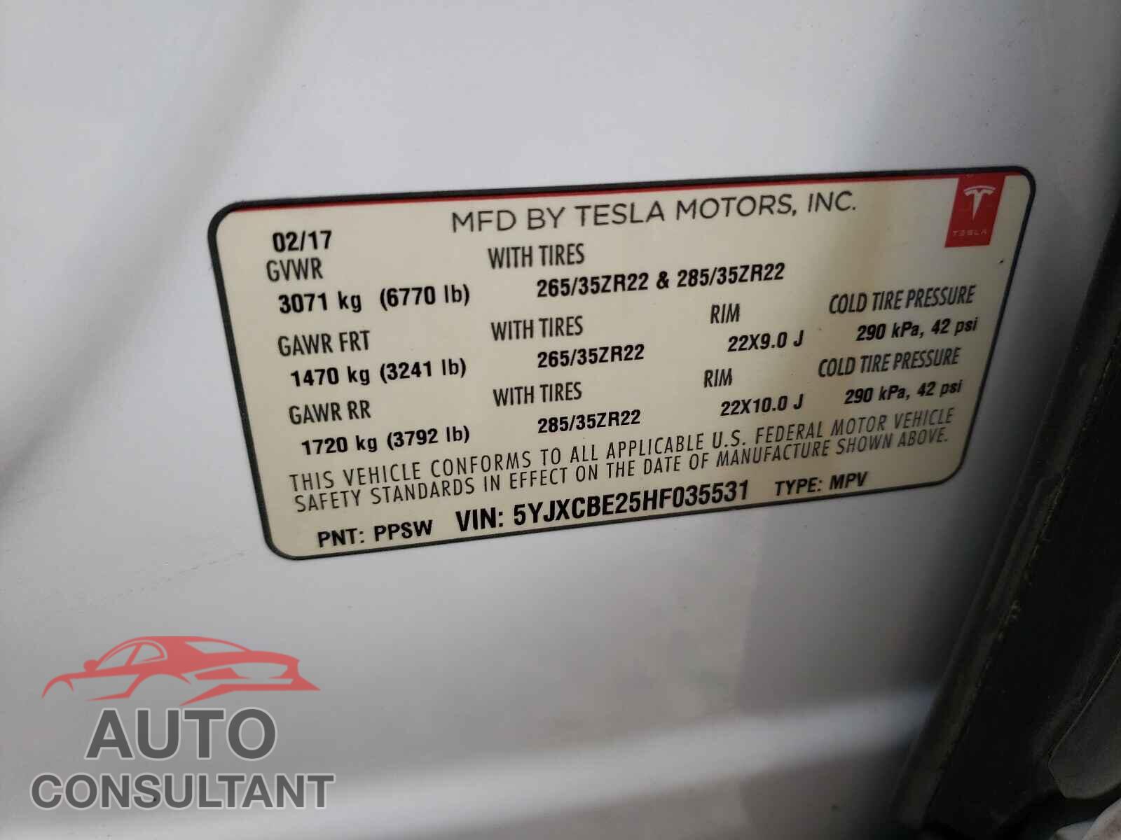 TESLA MODEL X 2017 - 5YJXCBE25HF035531