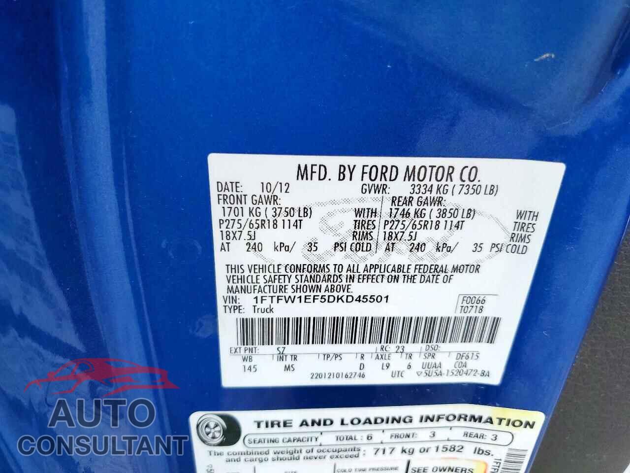 FORD F150 2013 - 1FTFW1EF5DKD45501