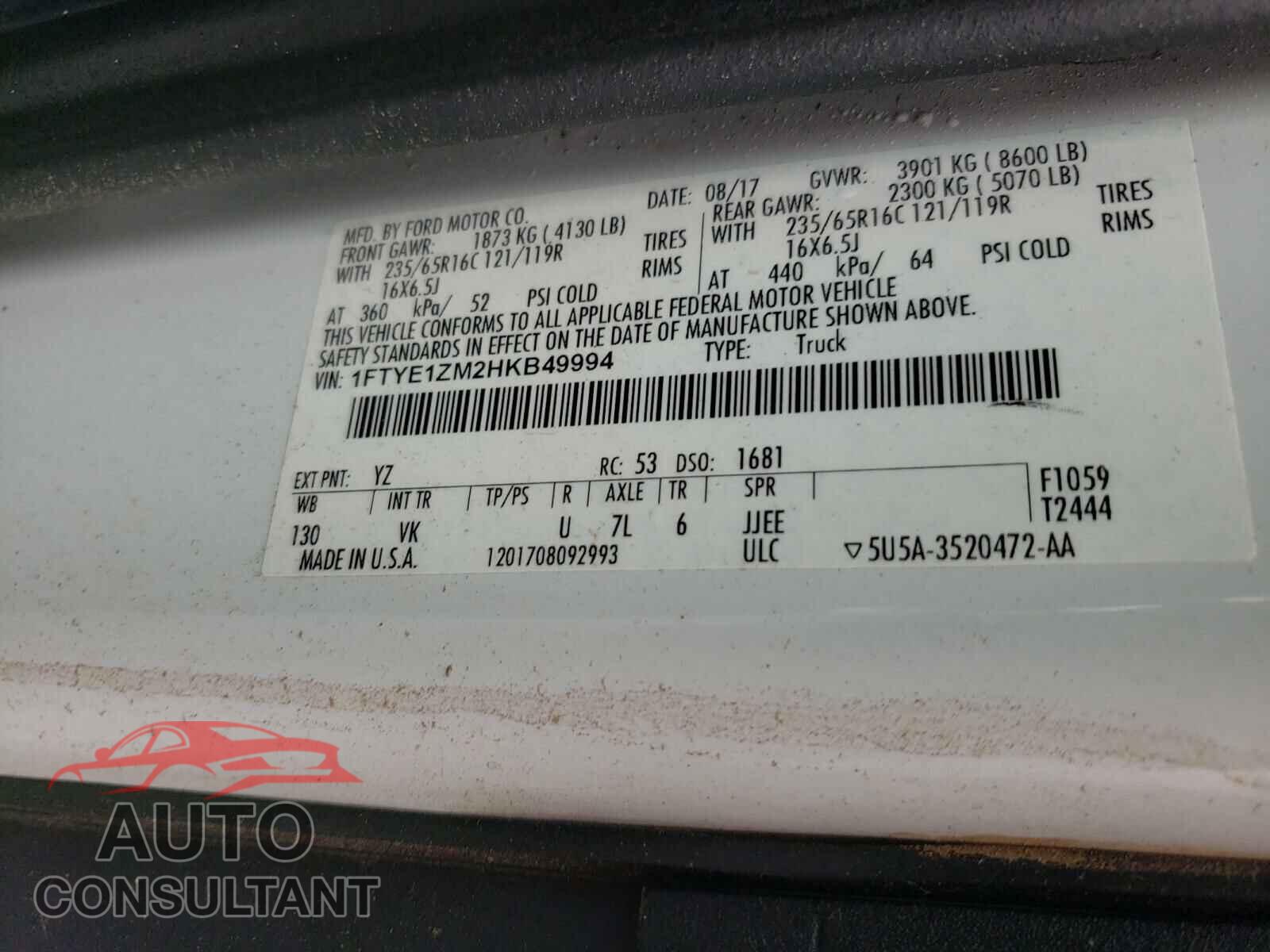 FORD TRANSIT CO 2017 - 1FTYE1ZM2HKB49994
