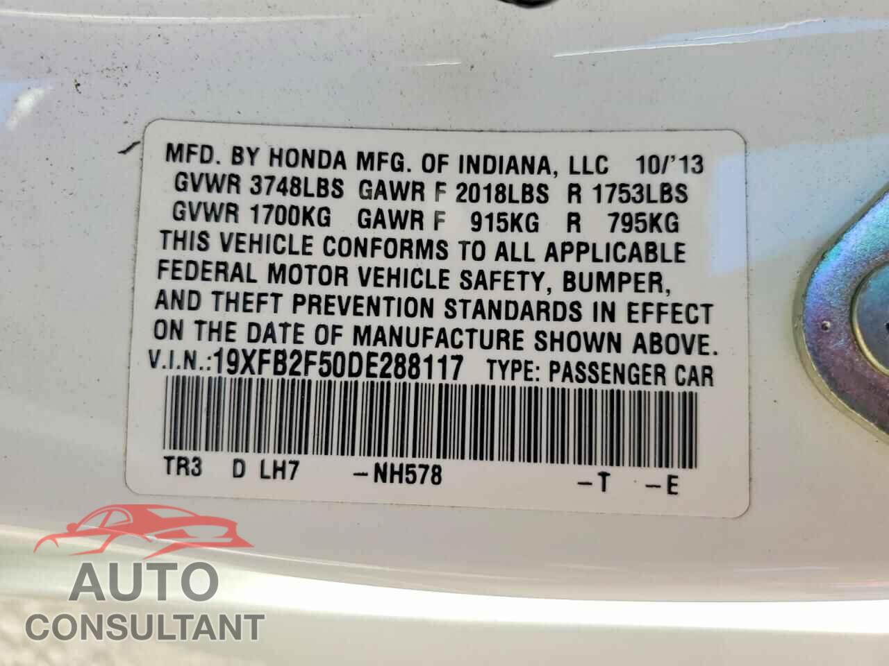 HONDA CIVIC 2013 - 19XFB2F50DE288117