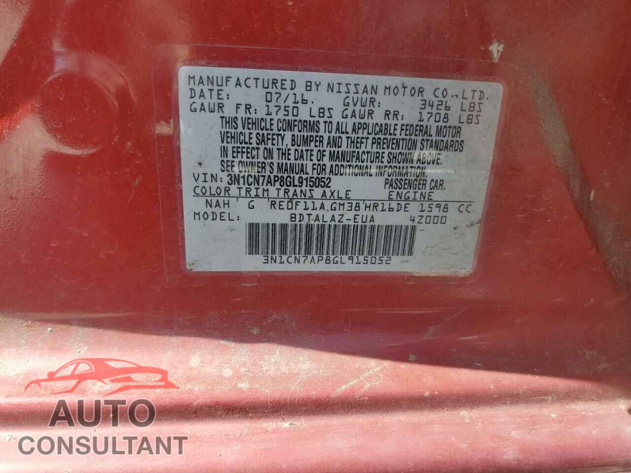 NISSAN VERSA 2016 - 3N1CN7AP8GL915052