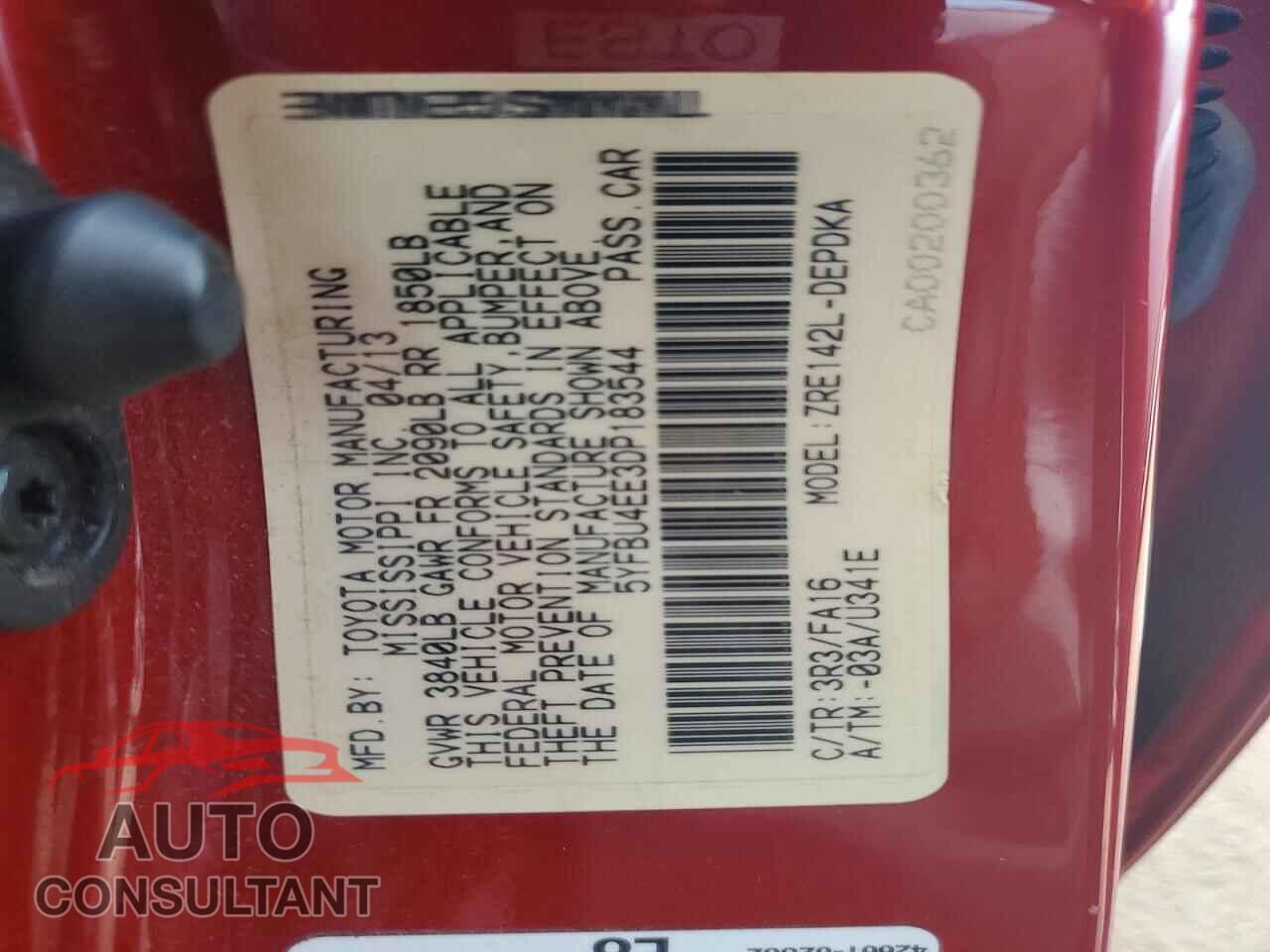 TOYOTA COROLLA 2013 - 5YFBU4EE3DP183544