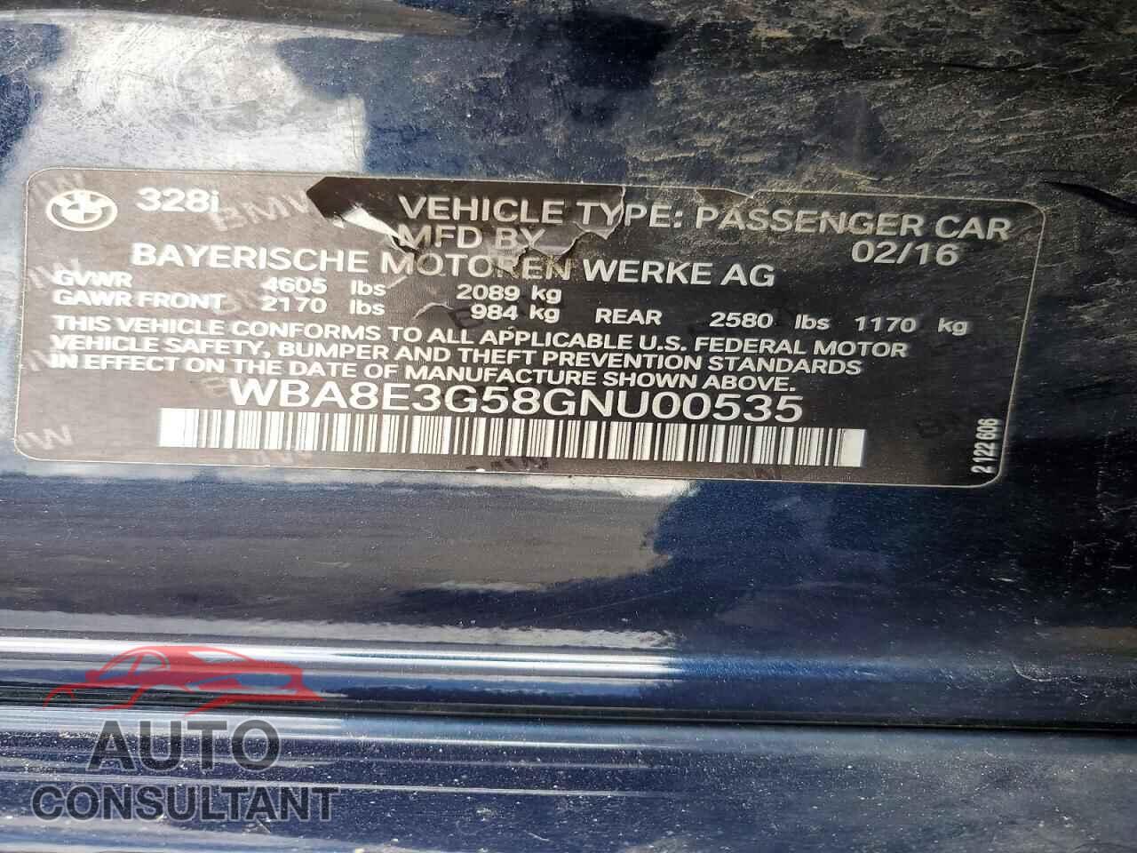 BMW 3 SERIES 2016 - WBA8E3G58GNU00535