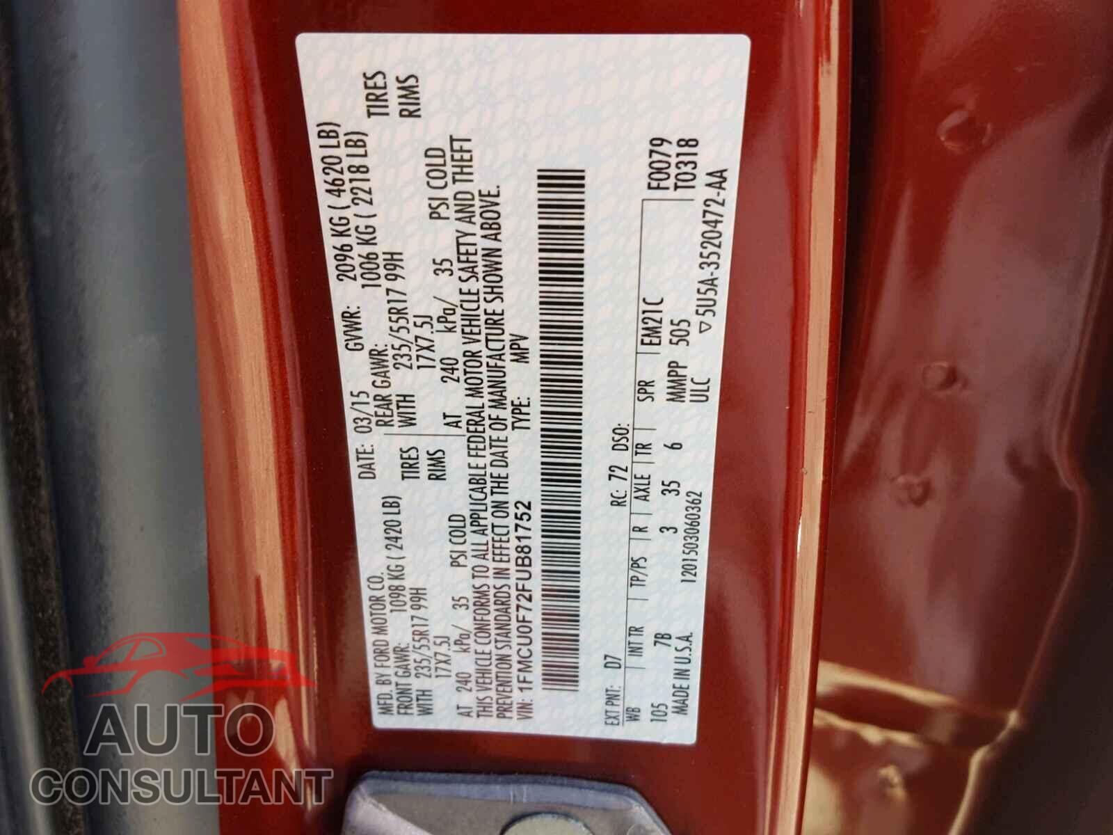 FORD ESCAPE S 2015 - 1FMCU0F72FUB81752