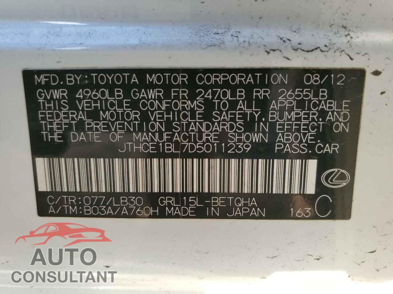 LEXUS GS350 2013 - JTHCE1BL7D5011239