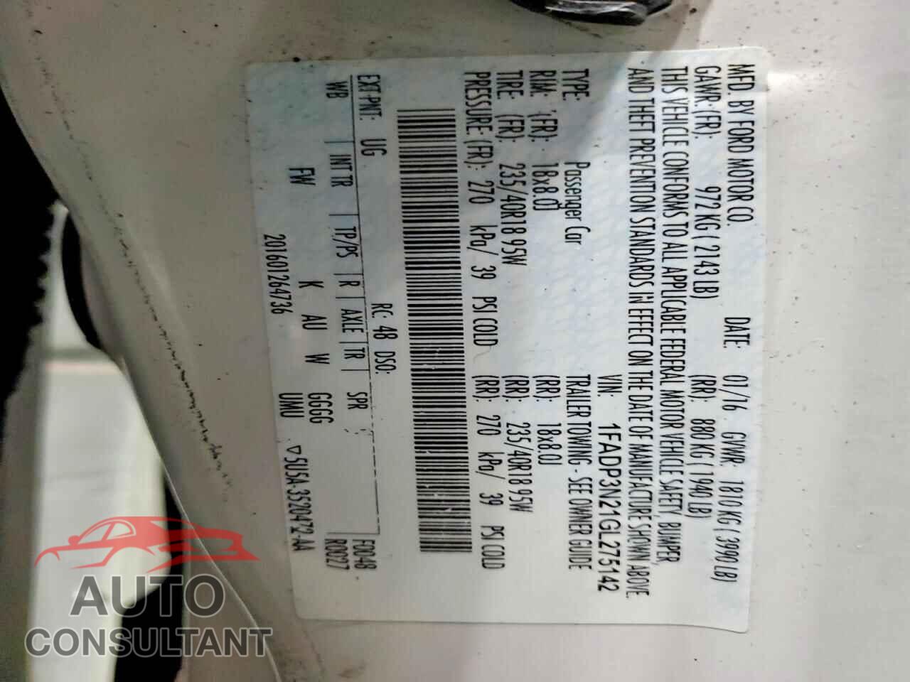 FORD FOCUS 2016 - 1FADP3N21GL275142
