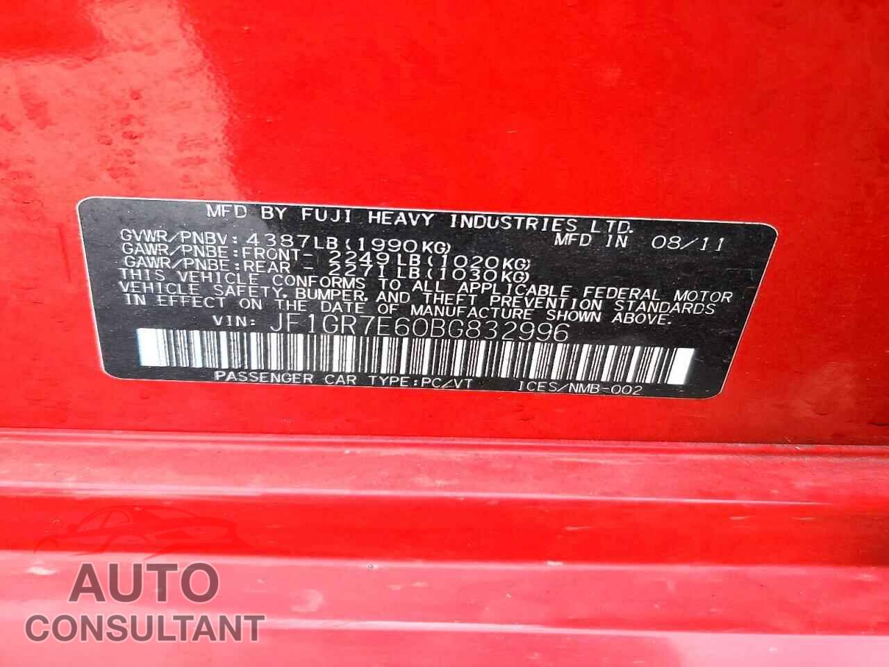 SUBARU WRX 2011 - JF1GR7E60BG832996