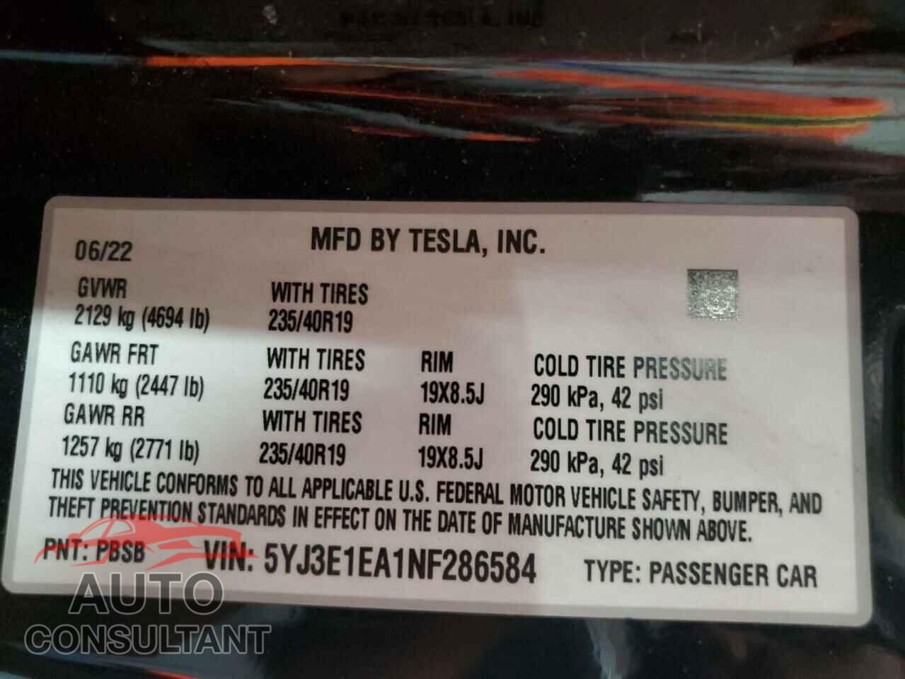 TESLA MODEL 3 2022 - 5YJ3E1EA1NF286584