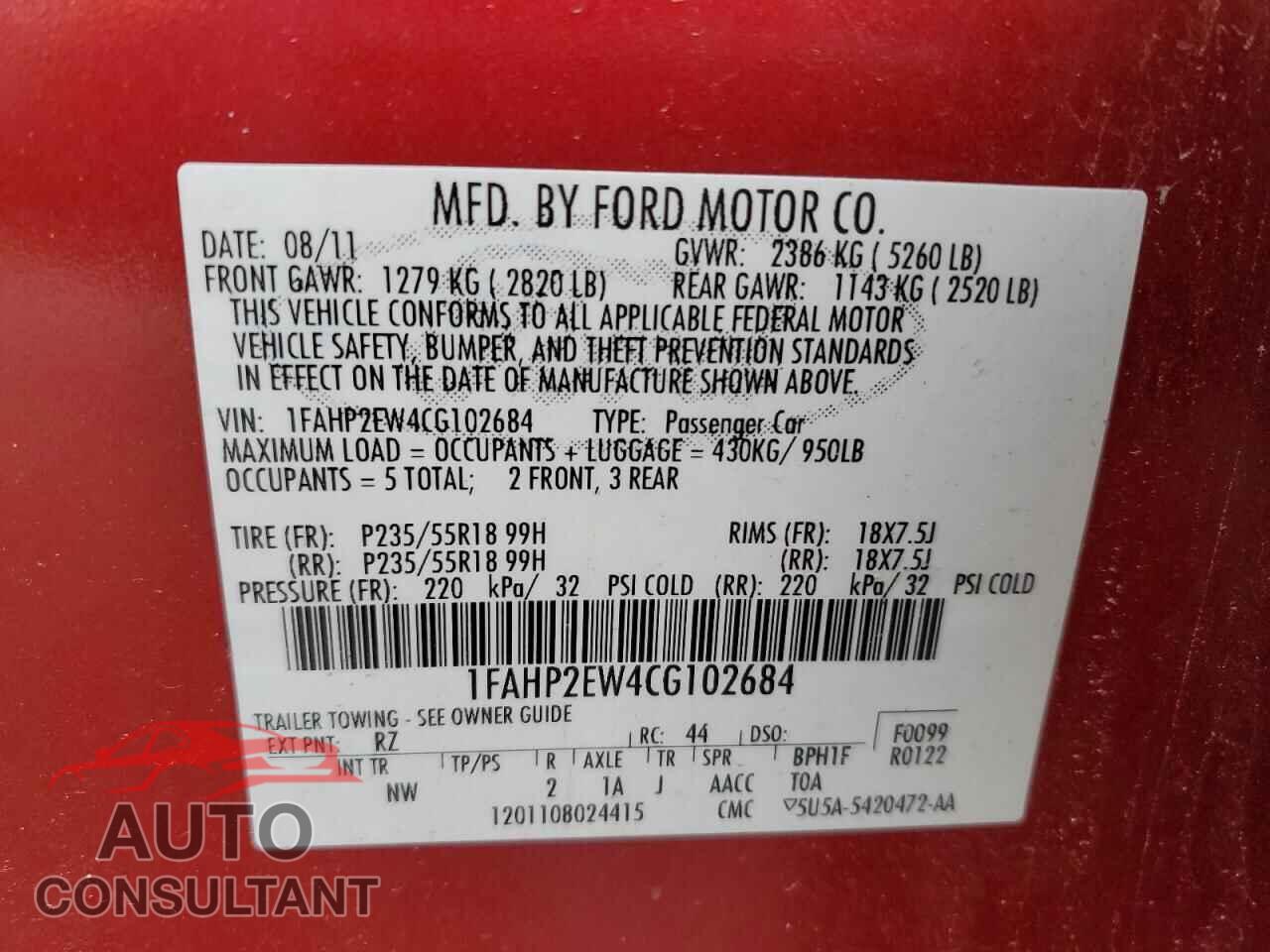 FORD TAURUS 2012 - 1FAHP2EW4CG102684