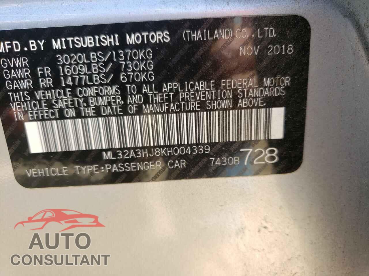 MITSUBISHI MIRAGE 2019 - ML32A3HJ8KH004339