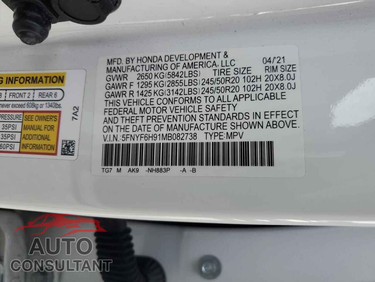 HONDA PILOT 2021 - 5FNYF6H91MB082738