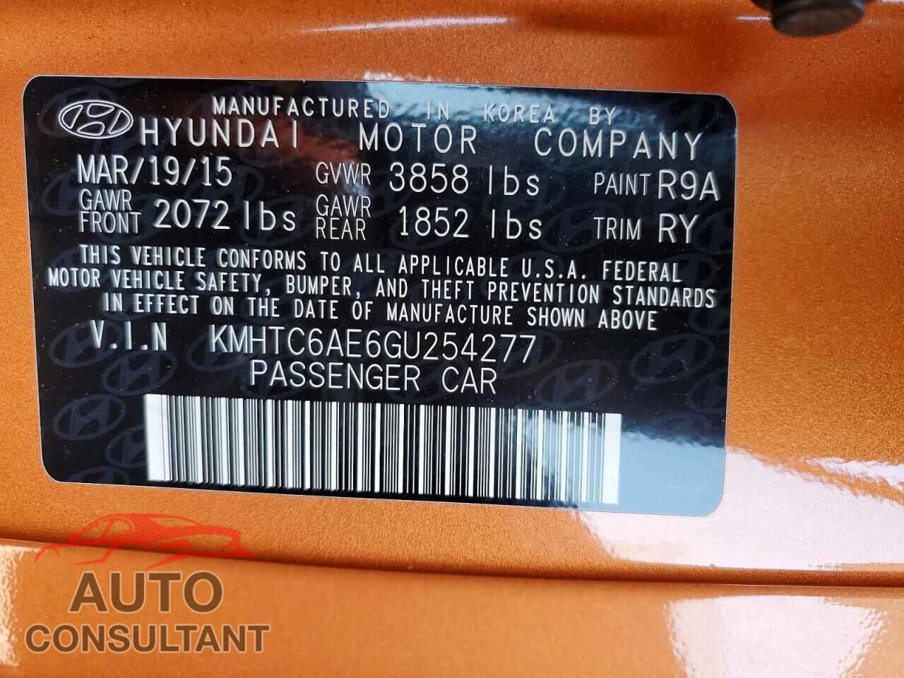 HYUNDAI VELOSTER 2016 - KMHTC6AE6GU254277