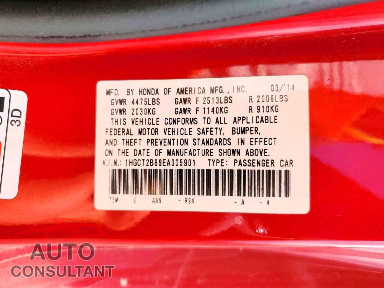 HONDA ACCORD 2014 - 1HGCT2B89EA005901