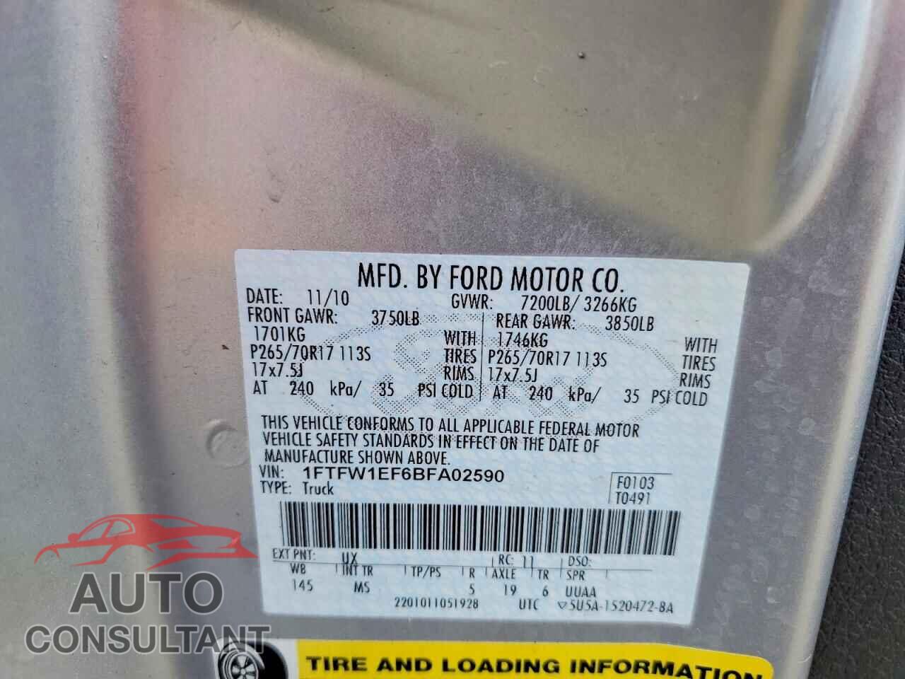 FORD F150 2011 - 1FTFW1EF6BFA02590