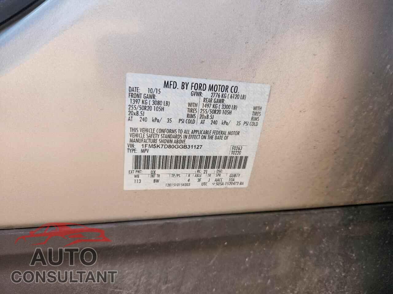 FORD EXPLORER 2016 - 1FM5K7D80GGB31127
