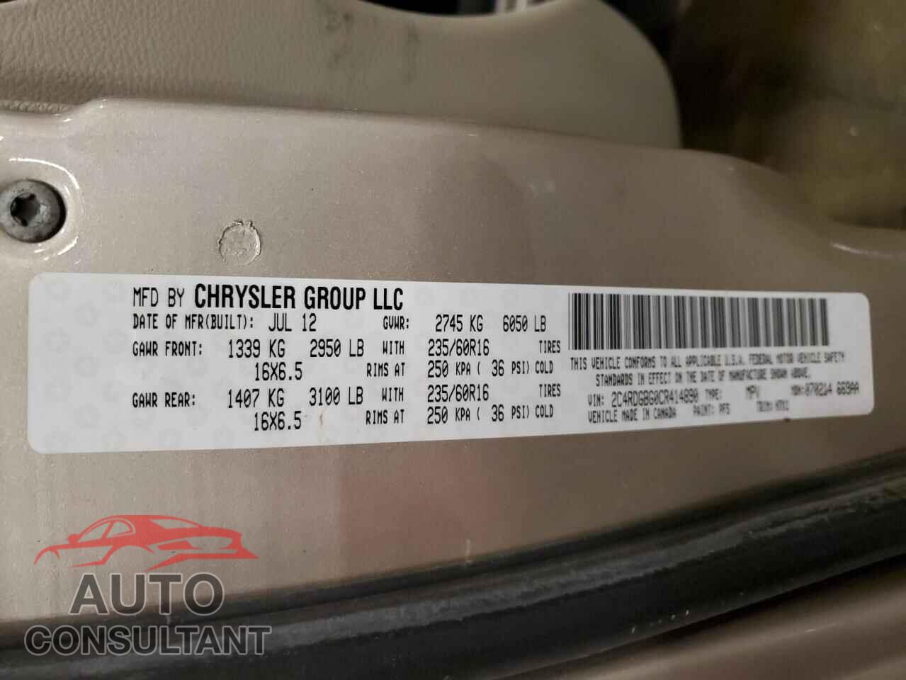 DODGE CARAVAN 2012 - 2C4RDGBG0CR414890