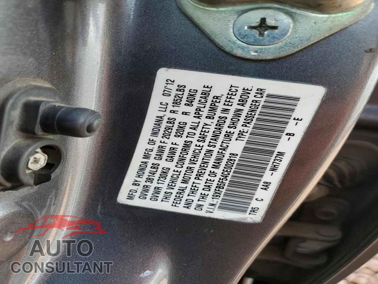 HONDA CIVIC 2012 - 19XFB5F54CE002818