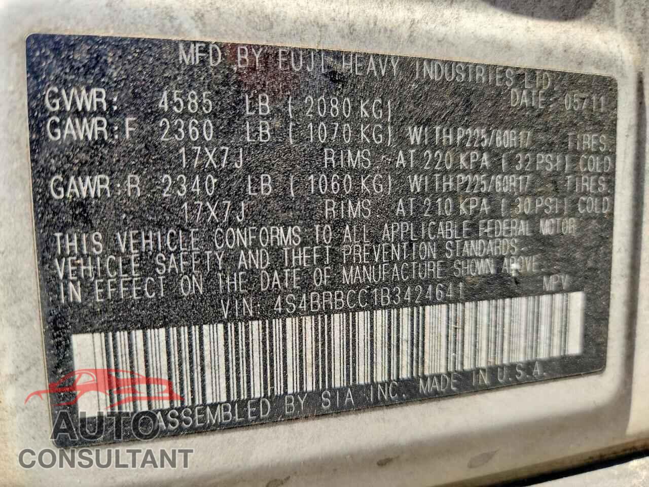 SUBARU OUTBACK 2011 - 4S4BRBCC1B3424641