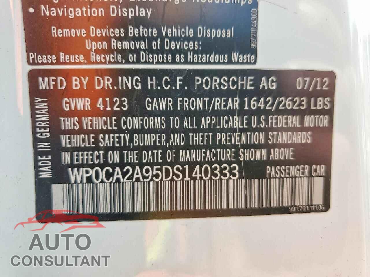PORSCHE 911 2013 - WP0CA2A95DS140333