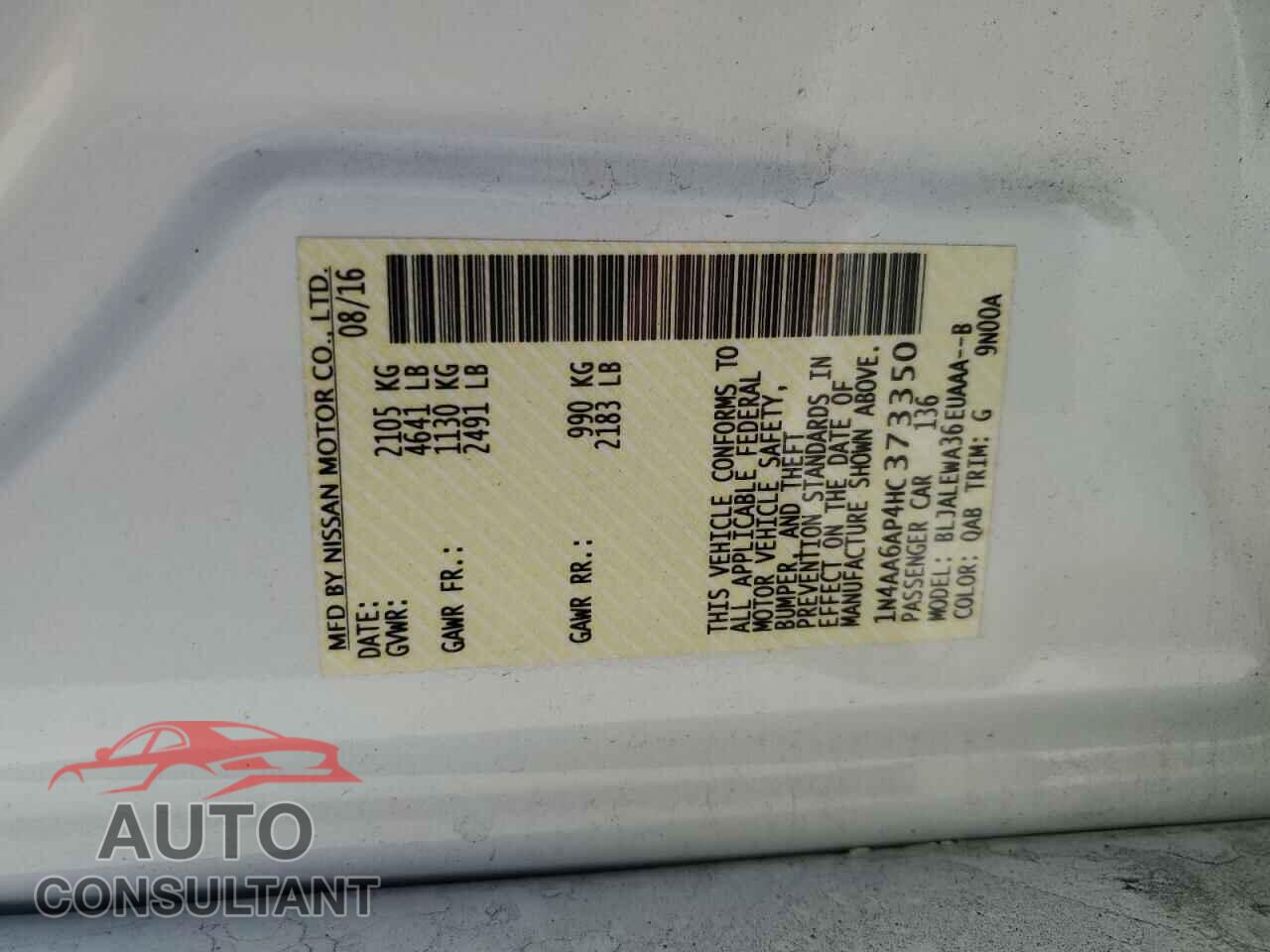 NISSAN MAXIMA 2017 - 1N4AA6AP4HC373350