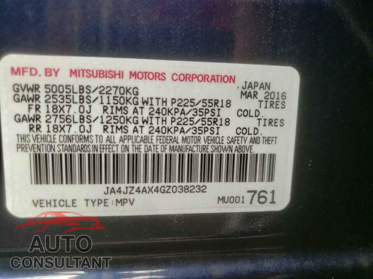 MITSUBISHI OUTLANDER 2016 - JA4JZ4AX4GZ038232