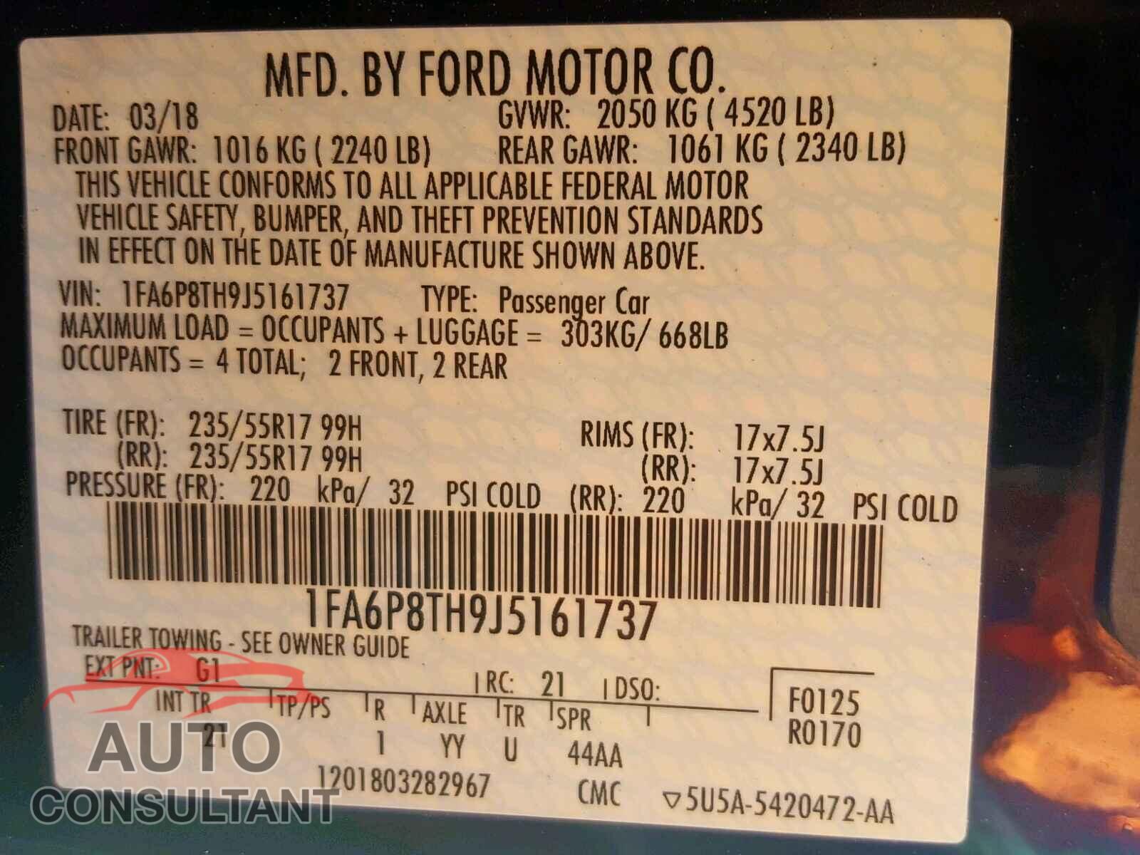 FORD MUSTANG 2018 - 1FA6P8TH9J5161737