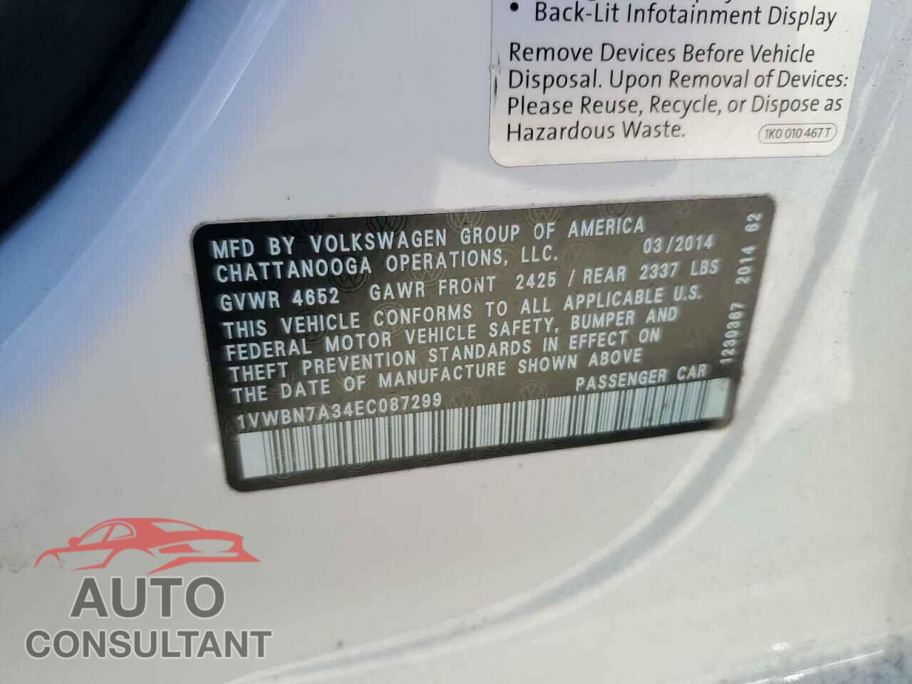 VOLKSWAGEN PASSAT 2014 - 1VWBN7A34EC087299