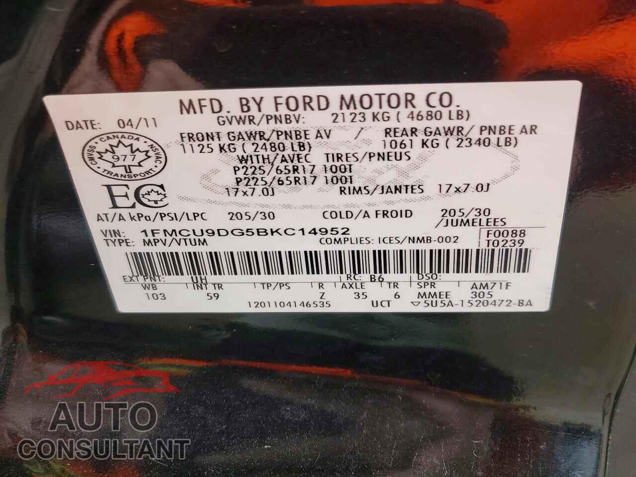 FORD ESCAPE 2011 - 1FMCU9DG5BKC14952