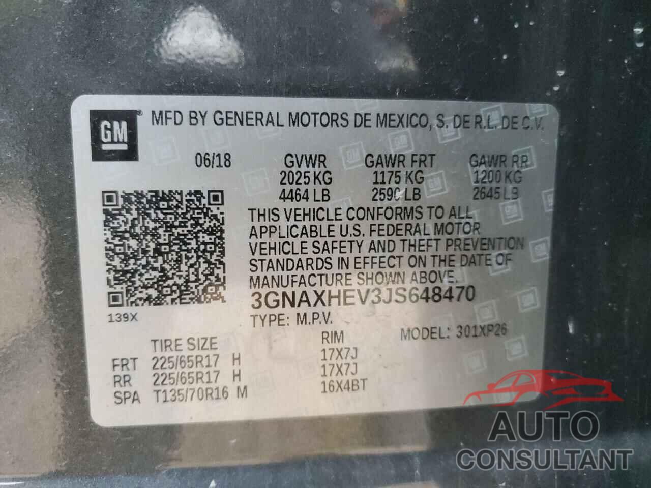 CHEVROLET EQUINOX 2018 - 3GNAXHEV3JS648470