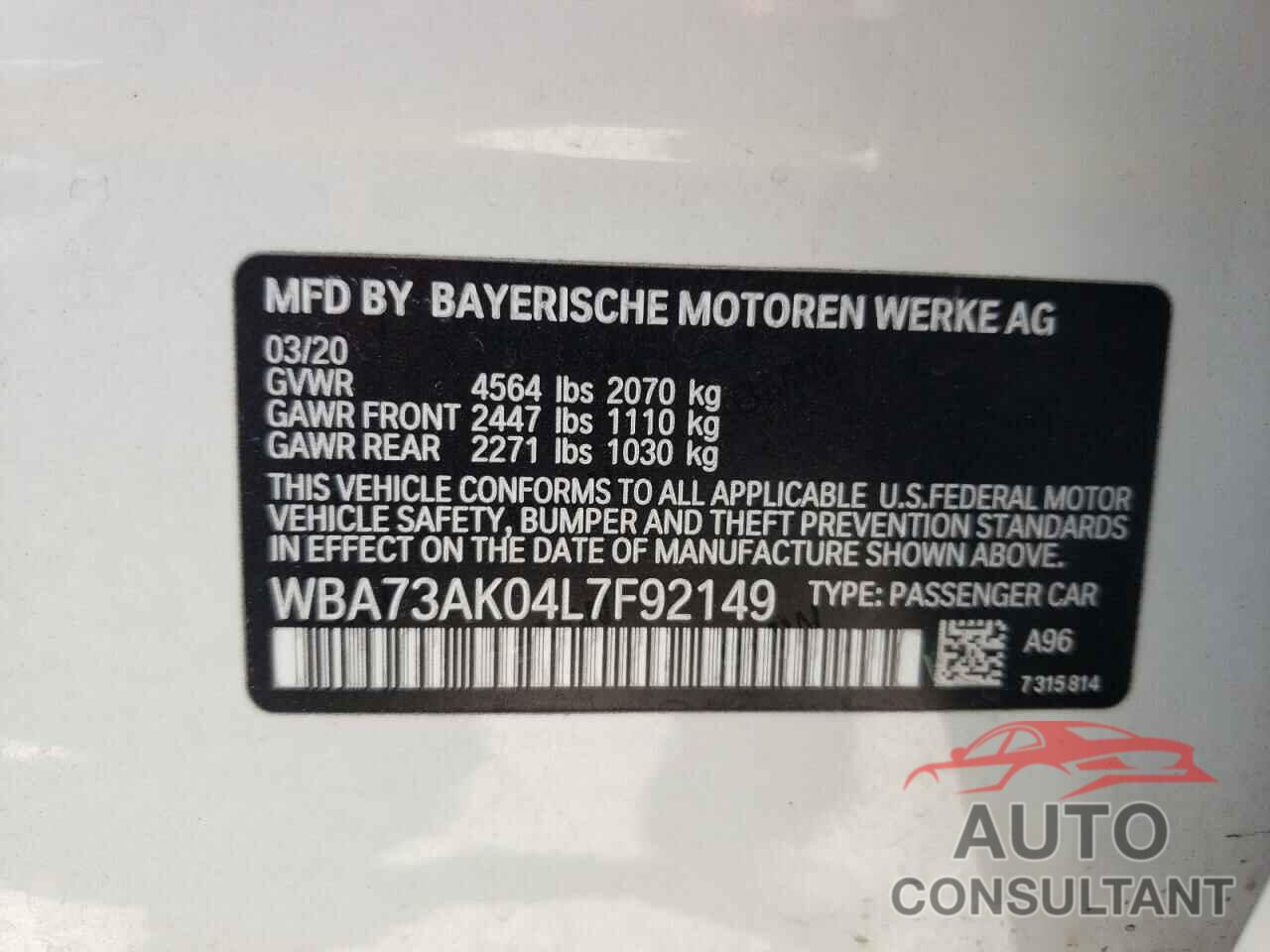 BMW 2 SERIES 2020 - WBA73AK04L7F92149
