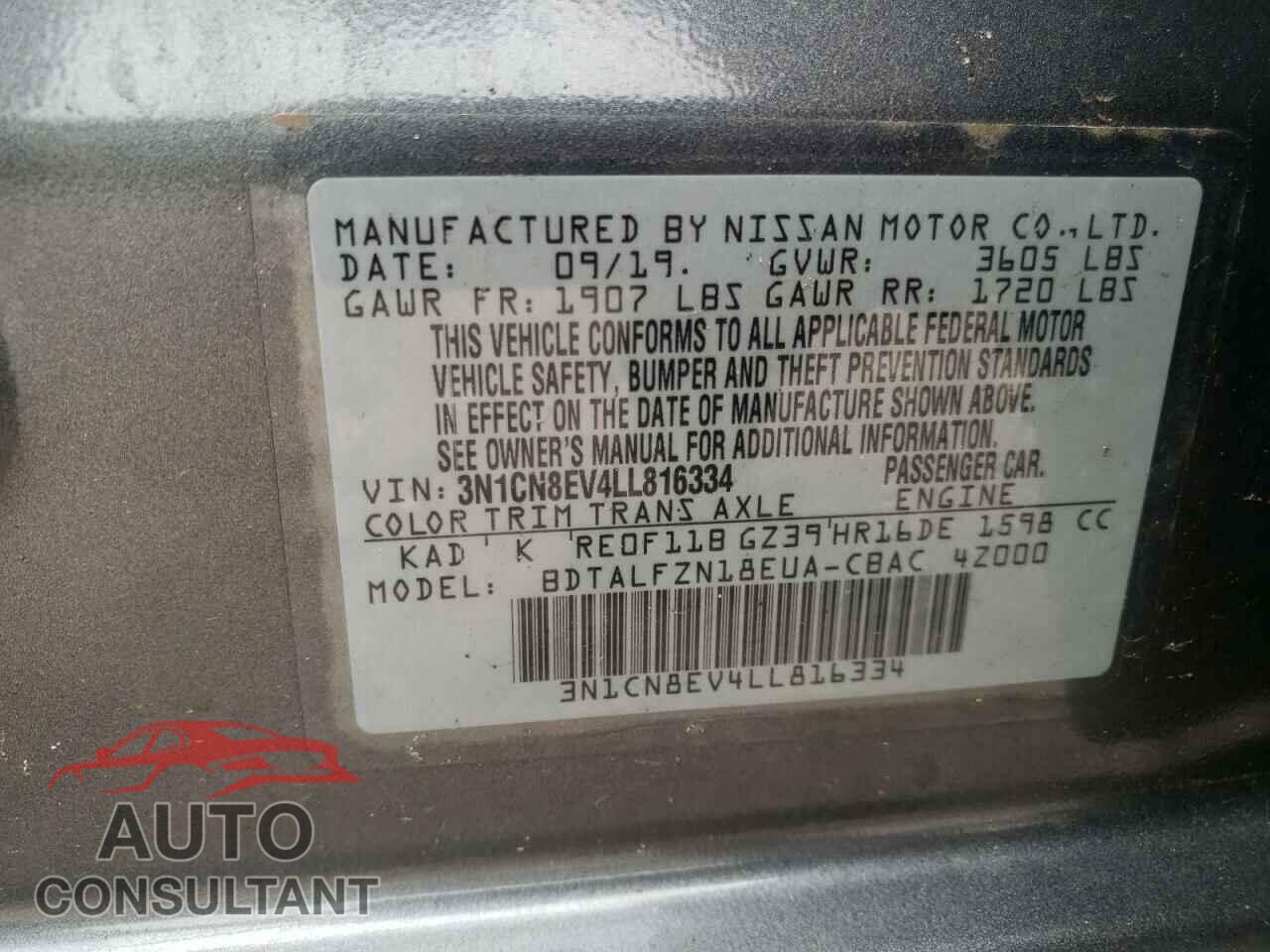 NISSAN VERSA 2020 - 3N1CN8EV4LL816334