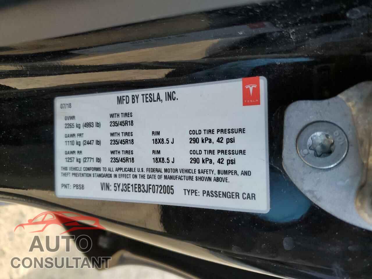 TESLA MODEL 3 2018 - 5YJ3E1EB3JF072005