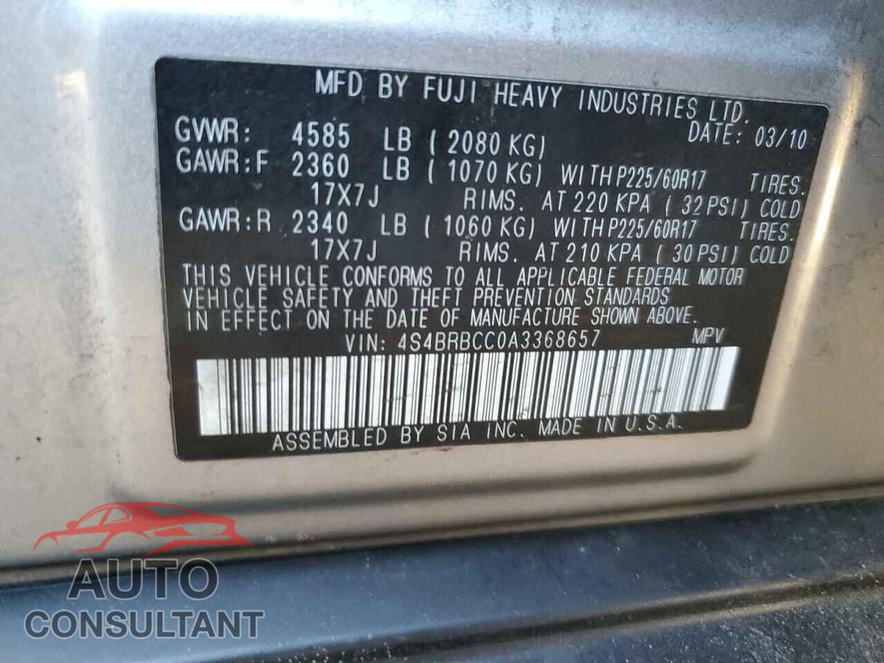 SUBARU OUTBACK 2010 - 4S4BRBCC0A3368657