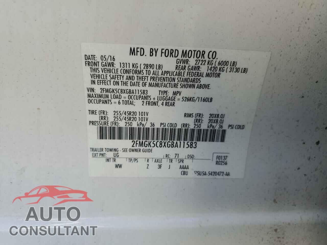 FORD FLEX 2016 - 2FMGK5C8XGBA11583