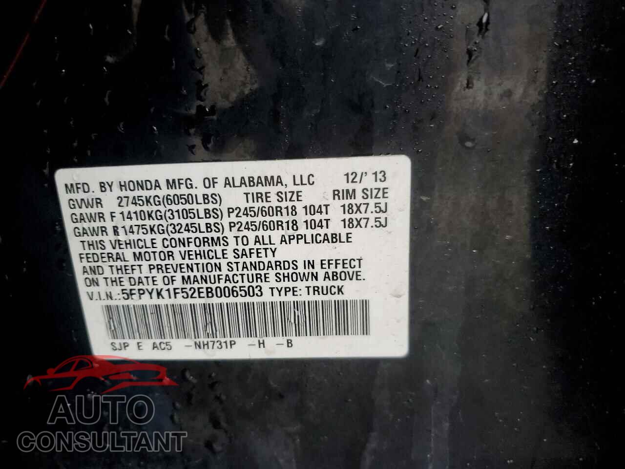 HONDA RIDGELINE 2014 - 5FPYK1F52EB006503