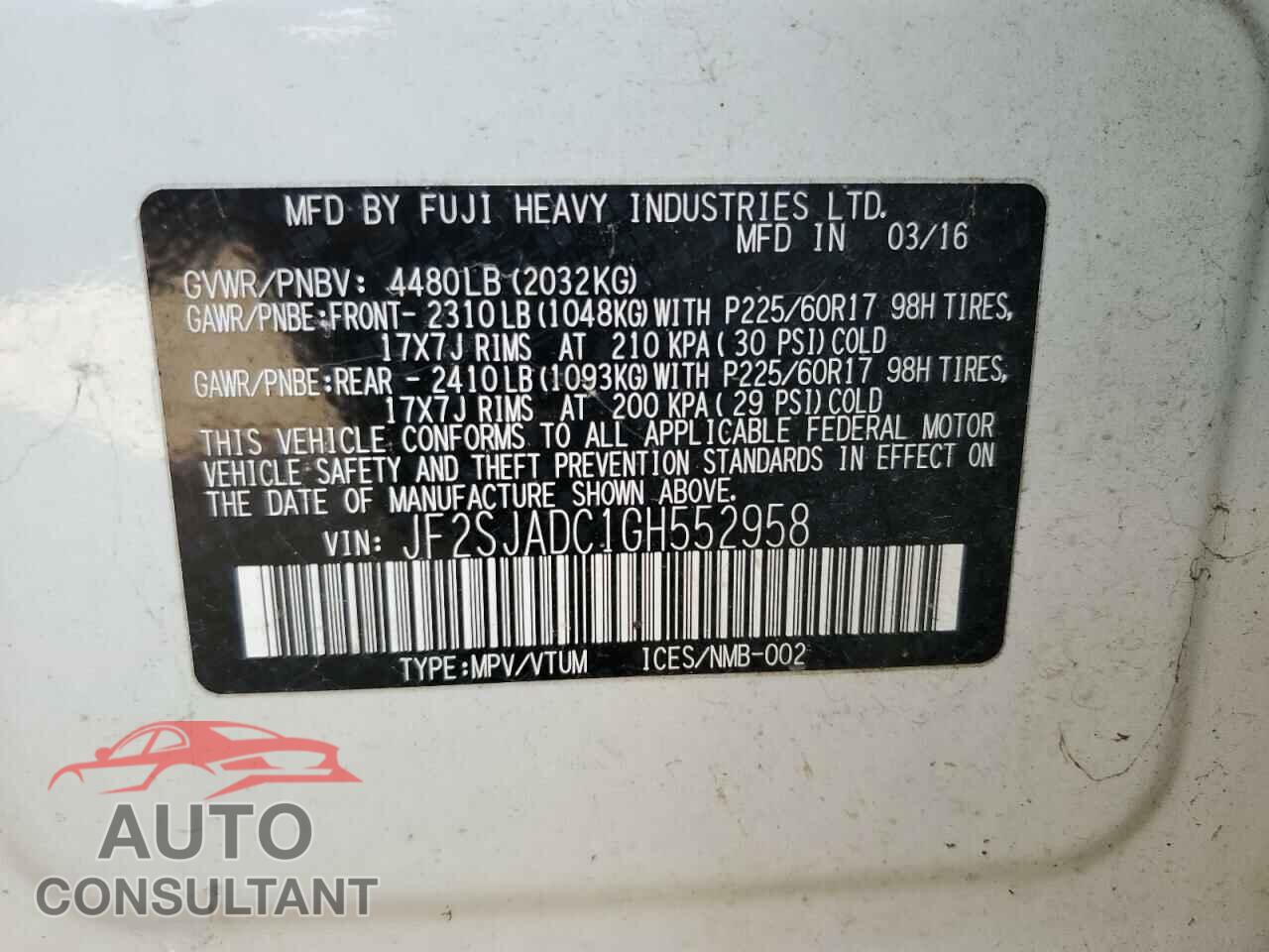 SUBARU FORESTER 2016 - JF2SJADC1GH552958