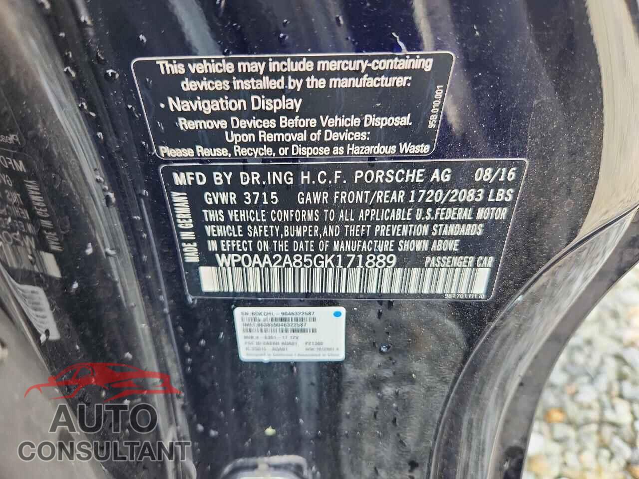 PORSCHE CAYMAN 2016 - WP0AA2A85GK171889