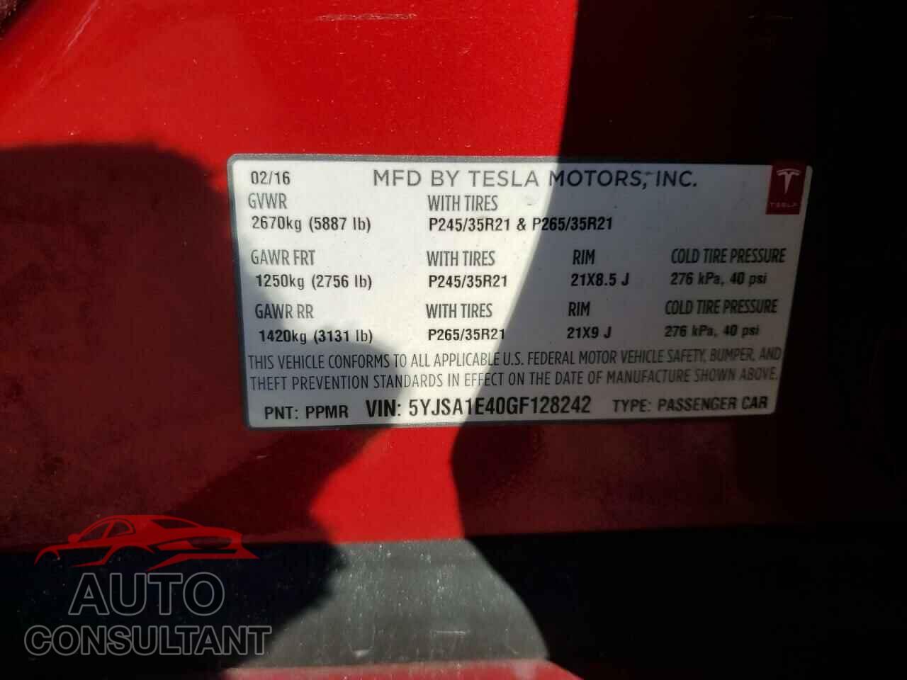TESLA MODEL S 2016 - 5YJSA1E40GF128242