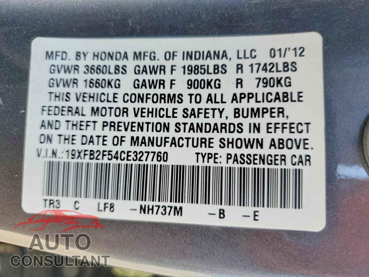 HONDA CIVIC 2012 - 19XFB2F54CE327760