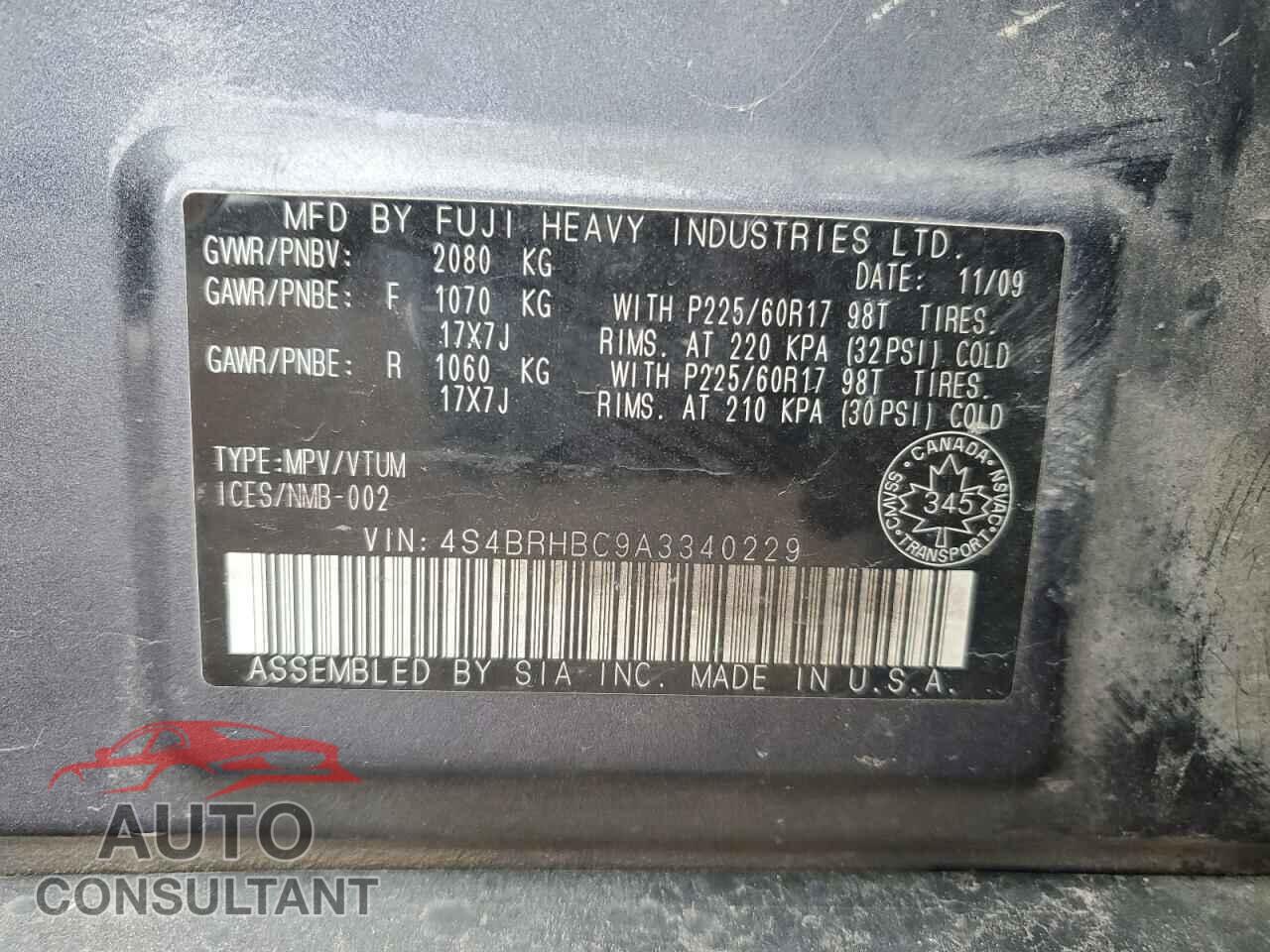 SUBARU OUTBACK 2010 - 4S4BRHBC9A3340229