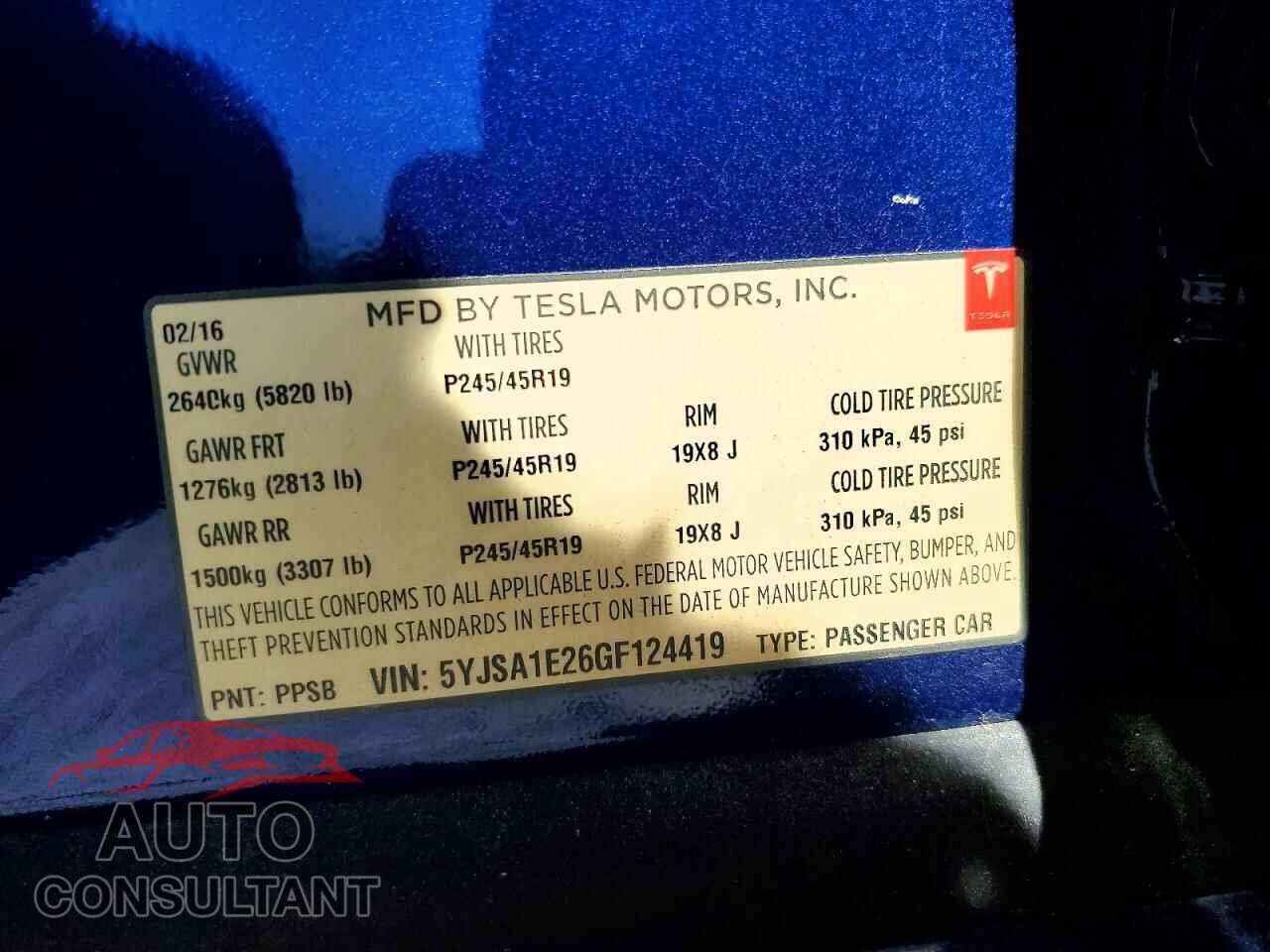 TESLA MODEL S 2016 - 5YJSA1E26GF124419