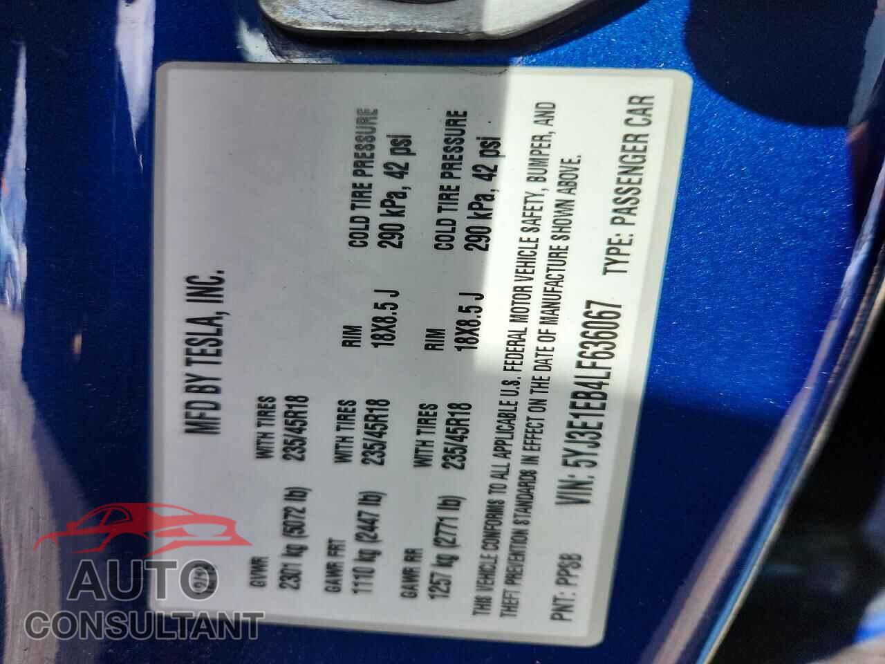 TESLA MODEL 3 2020 - 5YJ3E1EB4LF636067