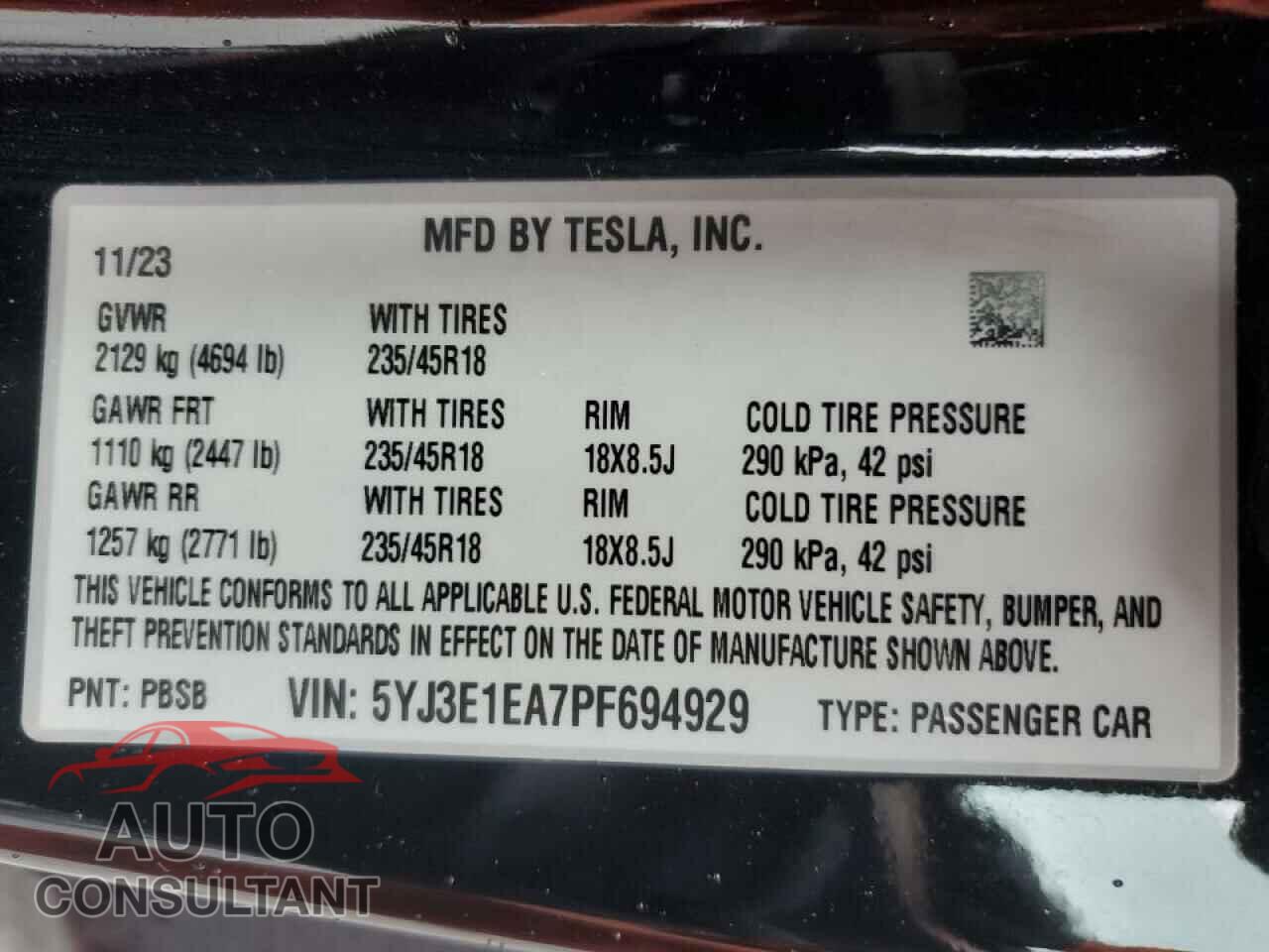TESLA MODEL 3 2023 - 5YJ3E1EA7PF694929