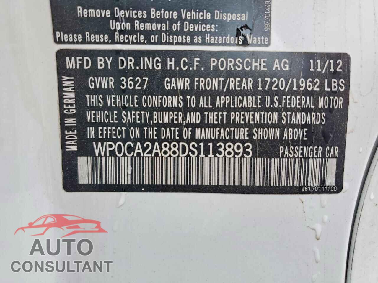 PORSCHE BOXSTER 2013 - WP0CA2A88DS113893