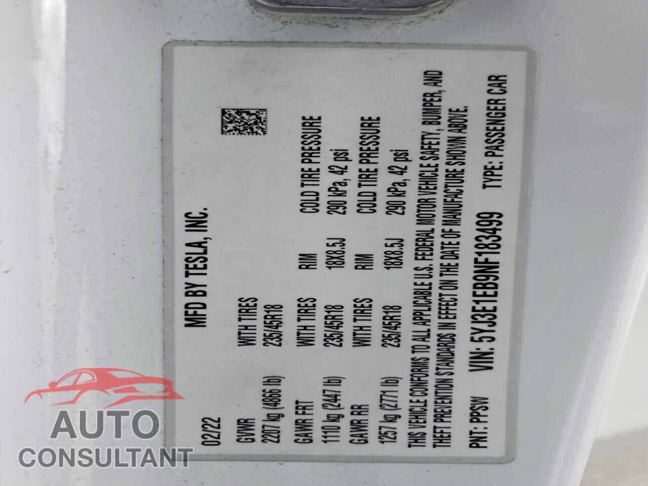 TESLA MODEL 3 2022 - 5YJ3E1EB9NF183499